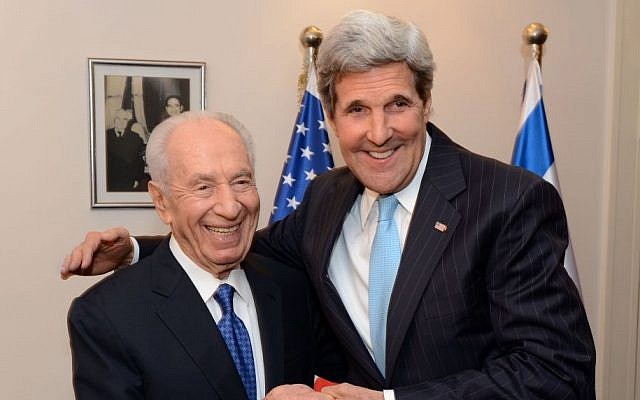 US Secretary of State John Kerry meets with President Shimon Peres on June 28, 2013. (photo credit: Matty Stern/U.S. Embassy Tel Aviv/Flash90)