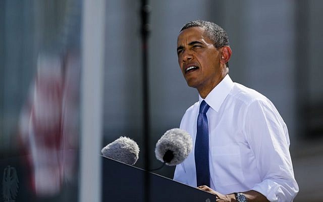 US President Barack Obama delivers a speech in front of Brandenburg Gate in Berlin Wednesday, June 19 (photo credit: AP/Markus Schreiber) US President Barack Obama delivers a speech in front of Brandenburg Gate in Berlin Wednesday, June 19 (photo credit: AP/Markus Schreiber)