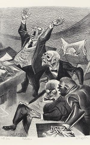 William Gropper, 'Politico,' from the portfolio 'The Capriccios,' 1953–56, lithograph. (photo credit: Mary and Leigh Block Museum of Art, Northwestern University, Gift of Evelyn Salk in memory of her husband, Erwin A. Salk)