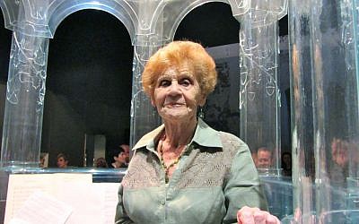 Helen Garfinkel Greenspun on the new glass bima of the renovated Polish synagogue. (photo credit: courtesy)