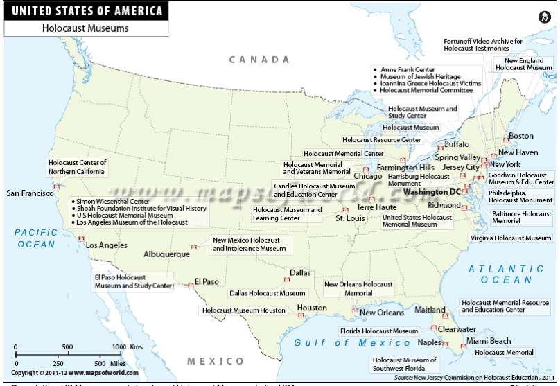 A US map representing the locations of Holocaust museums. (photo credit: Maps of World/JTA)