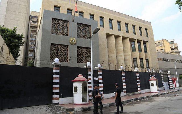 Egyptian soldier stand guard in front of the Syrian embassy, in Cairo on Sunday. (photo credit: AP/Hassan Ammar) Egyptian soldier stand guard in front of the Syrian embassy, in Cairo on Sunday. (photo credit: AP/Hassan Ammar)