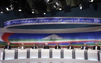 Eight presidential candidates participated in a televised debate on Friday, June 7, in Tehran (photo credit: AP/Islamic Republic of Iran Broadcasting/Mehdi Dehghan)