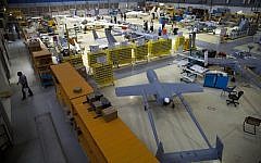 Illustrative: Drones in a hangar at Israel Aerospace Industries, near Tel Aviv, on May 28, 2013. (AP/Oded Balilty)