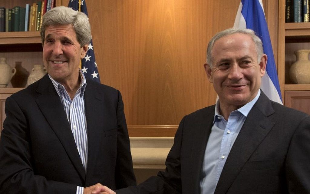 US Secretary of State John Kerry with Prime Minister Benjamin Netanyahu during a meeting in Jerusalem, Thursday, June 27, 2013 (photo credit: AP/Jacquelyn Martin) US Secretary of State John Kerry with Prime Minister Benjamin Netanyahu during a meeting in Jerusalem, Thursday, June 27, 2013 (photo credit: AP/Jacquelyn Martin)