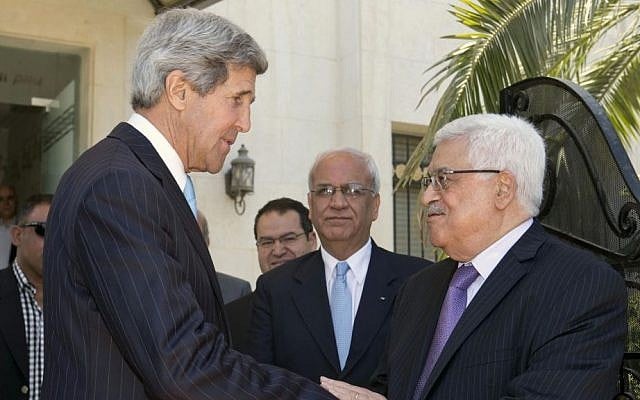 US Secretary of State John Kerry, left, says goodbye to Palestinian Authority President Mahmoud Abbas after a meeting in Amman in June 2013 (photo credit: AP/Jacquelyn Martin) US Secretary of State John Kerry, left, says goodbye to Palestinian Authority President Mahmoud Abbas after a meeting in Amman in June 2013 (photo credit: AP/Jacquelyn Martin)