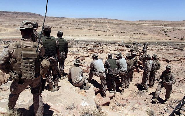 An illustrative photo of US Marines monitoring 'Eager Lion' multinational military exercises in Quweira, Jordan, on June 18, 2013. (photo credit: AP/Maya Alleruzzo) An illustrative photo of US Marines monitoring 'Eager Lion' multinational military exercises in Quweira, Jordan, on June 18, 2013. (photo credit: AP/Maya Alleruzzo)