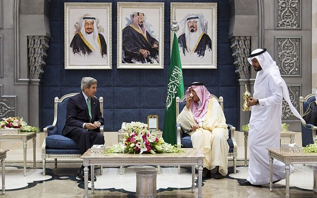 US Secretary of State John Kerry, left, attends a coffee ceremony with Saudi Foreign Minister Prince Saud al-Faisal as a welcome upon Kerry's arrival in Jeddah, Saudi Arabia, Tuesday, June 25. (photo credit: AP/Jacquelyn Martin) US Secretary of State John Kerry, left, attends a coffee ceremony with Saudi Foreign Minister Prince Saud al-Faisal as a welcome upon Kerry's arrival in Jeddah, Saudi Arabia, Tuesday, June 25. (photo credit: AP/Jacquelyn Martin)