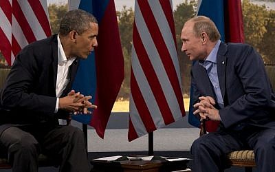 US President Barack Obama meets with Russian President Vladimir Putin in Enniskillen, Northern Ireland, Monday, June 17, 2013. (photo credit: AP/Evan Vucci)
