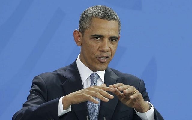 US President Barack Obama gestures during a joint news conference with German Chancellor Angela Merkel at the Chancellery in Berlin, Germany, Wednesday, June 19 (photo credit: AP/Pablo Martinez Monsivais) US President Barack Obama gestures during a joint news conference with German Chancellor Angela Merkel at the Chancellery in Berlin, Germany, Wednesday, June 19 (photo credit: AP/Pablo Martinez Monsivais)