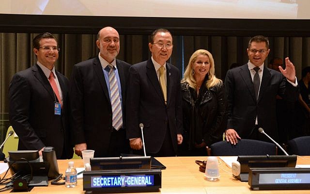 Left to right: special envoy of the National Competitiveness Program of Guatemala Salvador Paiz, Israeli ambassador to the UN Ron Prosor, UN Secretary General Ban Ki-moon, Rita Cosby (CBS) and President of the UN General Assembly Vuk Jeremic attend the UN Entrepreneurship for Development Debate on Wednesday, June 26 (photo credit: Shahar Azran) Left to right: special envoy of the National Competitiveness Program of Guatemala Salvador Paiz, Israeli ambassador to the UN Ron Prosor, UN Secretary General Ban Ki-moon, Rita Cosby (CBS) and President of the UN General Assembly Vuk Jeremic attend the UN Entrepreneurship for Development Debate on Wednesday, June 26 (photo credit: Shahar Azran)