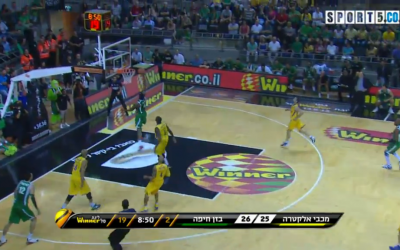 Maccabi Haifa playing the championship final game against Maccabi Tel Aviv on June 14, 2013. Gal Mekel was the game MVP as Haifa won its first ever title. (photo credit: image capture from Channel 5)