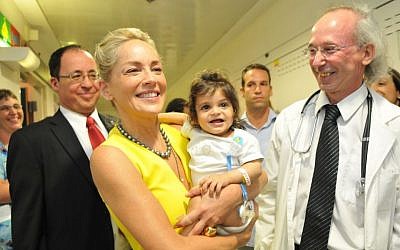 Actress Sharon Stone at Hadassah's pediatric AIDS unit in Jerusalem on Tuesday, June 18, 2013. (photo credit: Courtesy)