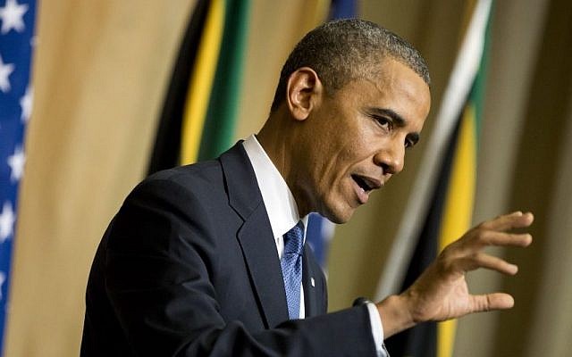 US President Barack Obama gestures during a news conference with South African President Jacob Zuma, not pictured, at the Union Building on Saturday, June 29 (photo credit: AP/Evan Vucci) US President Barack Obama gestures during a news conference with South African President Jacob Zuma, not pictured, at the Union Building on Saturday, June 29 (photo credit: AP/Evan Vucci)