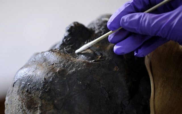 The face of Padihershef, a 2,500-year-old Egyptian mummy at Mass General Hospital in Boston, Friday, June 7, 2013. Padihershef, who has made MGH his home since 1823, was a 40-year old stonecutter in the necropolis in Thebes, an ancient city on the west bank of the Nile. (photo credit: AP/Gretchen Ertl)