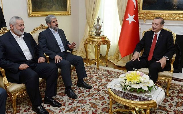 Turkish Prime Minister Recep Tayyip Erdogan, right, seen during a meeting with Khaled Mashaal, Hamas' then chief in exile, center, and Gaza-based leader Ismail Haniyeh in Ankara, Turkey, on June 18, 2013. (AP/Yasin Bulbul, Prime Minister's Press Office) Turkish Prime Minister Recep Tayyip Erdogan, right, seen during a meeting with Khaled Mashaal, Hamas' then chief in exile, center, and Gaza-based leader Ismail Haniyeh in Ankara, Turkey, on June 18, 2013. (AP/Yasin Bulbul, Prime Minister's Press Office)