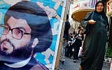 A Palestinian woman walks past a poster of Hezbollah chief Sayyed Hassan Nasrallah in the West Bank town of Ramallah on 09 August 2006 (photo credit: Olivier Fitoussi/Flash90)