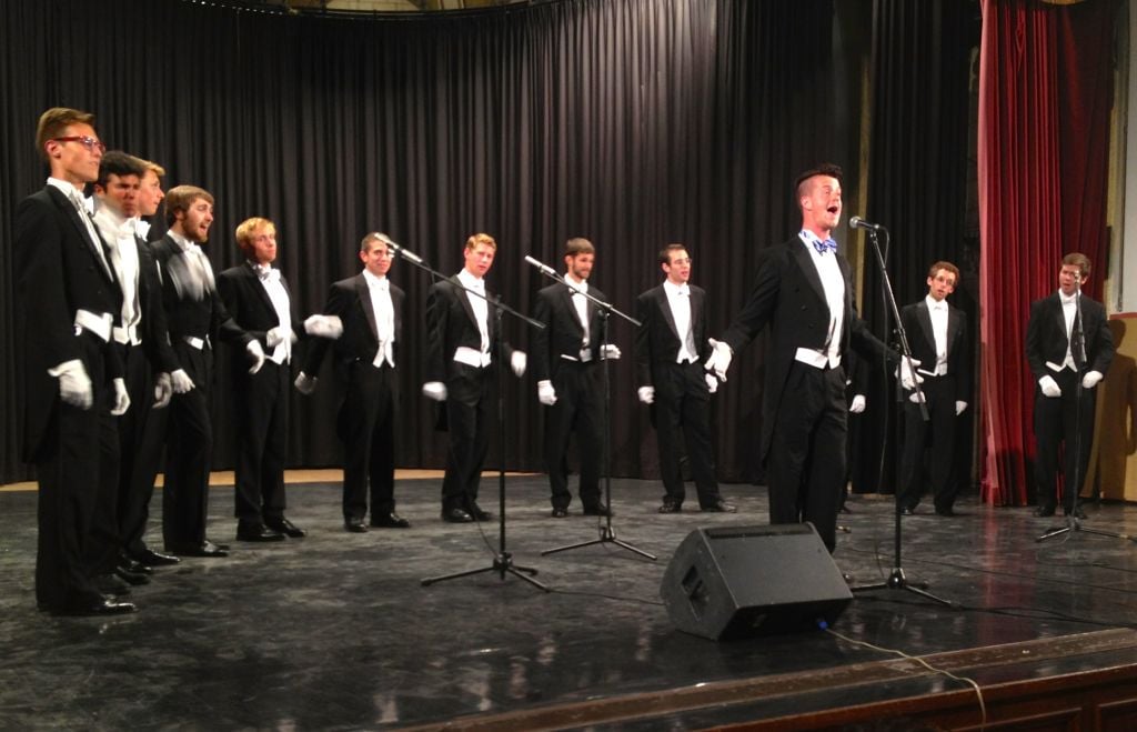 The Whiffenpoofs on stage in Jerusalem (photo credit: Leeor Bronis/Times of Israel)