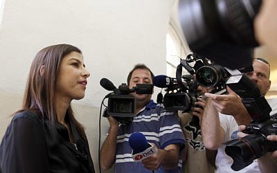 Israeli news anchor Geula Even, a witness in the court case against former Israeli Foreign Minister Avigdor Liberman, at the Jerusalem Magistrate's Court on June 12, 2013 (photo credit: Flash90)
