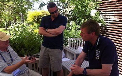 Stuart Pearce (right) in the sunny tranquility of Caesarea on Thursday (photo credit: Times of Israel)