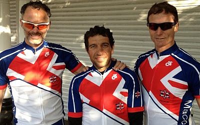 Guy Elyahou (center) in the Great Britain cycling uniform (photo credit: courtesy)