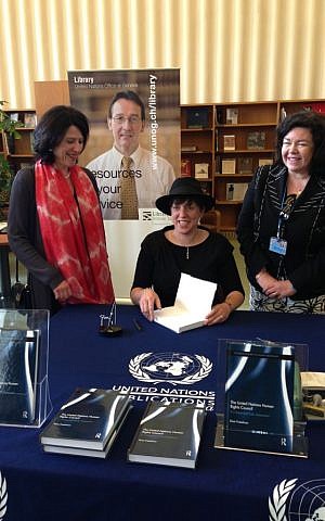 Rosa Freedman (center) with Ambassador Karen Pierce and the head of the UN library services (photo credit: courtesy)