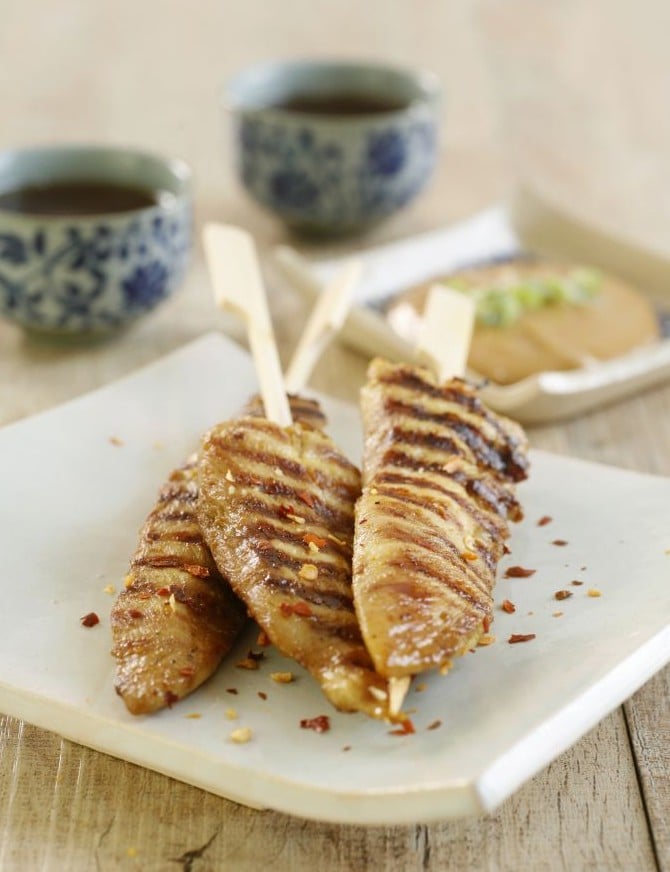 Chicken skewers in a peanuty sate sauce (photo credit: Anatoly Michaello for 'Gluten Free' by Phyllis Glazer, Korim Publishers).