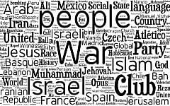 The word cloud created by the researchers showing the thousand most controversial topics. (screen capture from "The most controversial topics in Wikipedia:  A multilingual and geographical analysis," by Yasseri T., Spoerri A., Graham M., and Kertész J.)