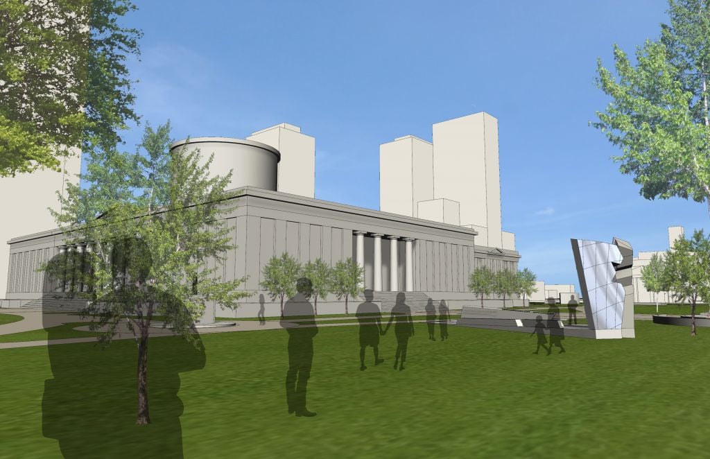 A view of the Ohio Holocaust memorial in context with the statehouse. (photo credit: courtesy of Studio Daniel Libeskind)