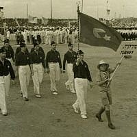 Team Turkey marches at the second Maccabiah's opening ceremony, April 1935 (Maccabiah Archive) Team Turkey marches at the second Maccabiah's opening ceremony, April 1935 (Maccabiah Archive)