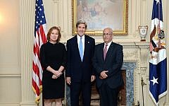 Tzipi Livni, left, John Kerry, center, and Saeb Erekat at the State Department  July 30, 2013, when peace talks began. (Photo credit: State Department)
