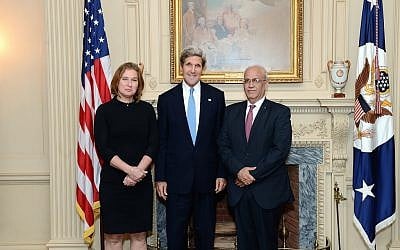 Tzipi Livni, left, John Kerry, center, and Saeb Erekat at the State Department  July 30, 2013, when the current peace talks began. (Photo credit: State Department)