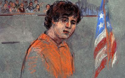 This courtroom sketch depicts Boston Marathon bombing suspect Dzhokhar Tsarnaev during arraignment in federal court Wednesday, July 10 (photo credit: AP/Margaret Small)