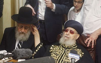 Former Shas spiritual leader Rabbi Ovadia Yosef (C) seen with his son Rabbi Yitzhak Yosef (L) and and Shas party leader Aryeh Deri, on the eve of Yitzhak Yosef's victory as the new Sephardic Chief Rabbi, at Rabbi Ovadia's family home in Jerusalem, on July 24, 2013. (Photo by FLASH90)