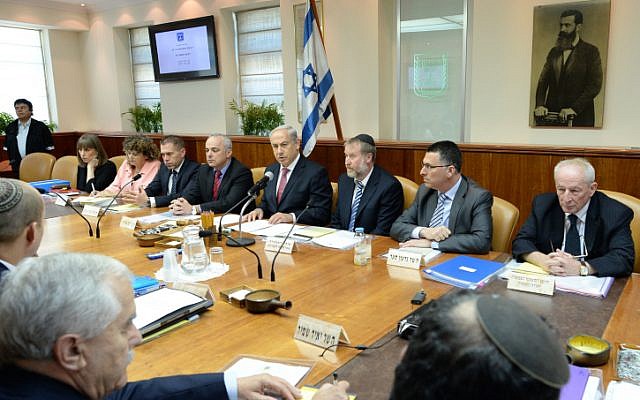 Illustrative: Ministers attend the weekly cabinet meeting at the Prime Minister's Office in Jerusalem (Kobi Gideon/GPO/Flash90) Illustrative: Ministers attend the weekly cabinet meeting at the Prime Minister's Office in Jerusalem (Kobi Gideon/GPO/Flash90)