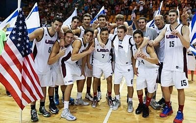 The US's Maccabiah basketball team celebrating after winning the final game in Jerusalem on July 29, 2013 (photo credit: Yonatan Sindel/Flash90)