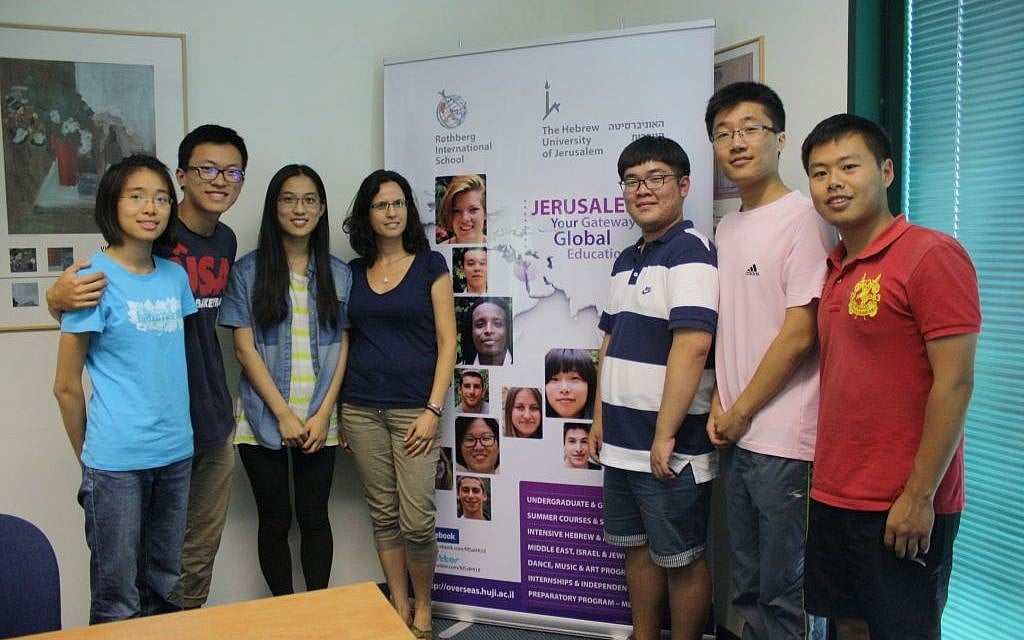 Some of the Chinese students at Rothberg, from left: Huang Rong Ying, Yang Cao, Wu Mengyun, ulpan teacher Tali Debbi, Yang Ni, He Yinjie, Wang Jie (photo credit: Sarah Sheafer/Times of Israel)