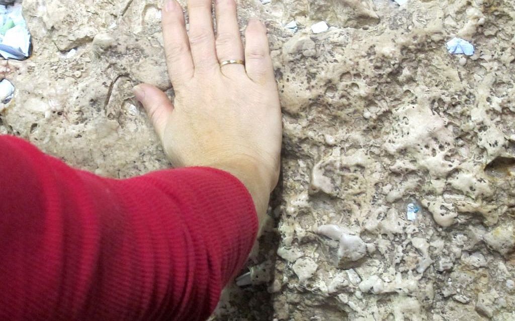 Putting a hand to the stones at the Kotel (photo credit: Leeor Bronis/Times of Israel)