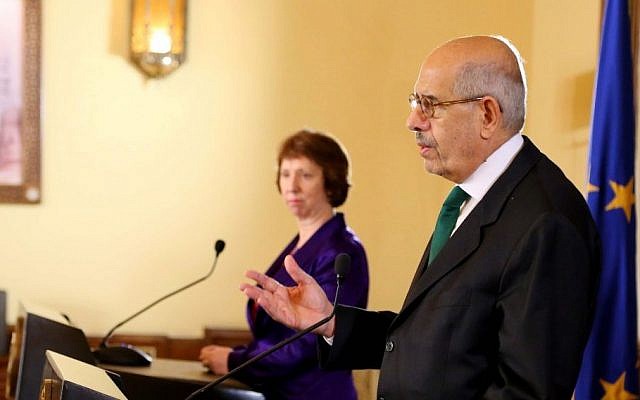 This image released by the Egyptian Presidency shows interim Vice President Mohamed ElBaradei, foreground, making remarks at a joint news conference with EU foreign policy chief Catherine Ashton, center, at the presidential palace in Cairo, Egypt, Tuesday, July 30, 2013 (photo credit: AP) This image released by the Egyptian Presidency shows interim Vice President Mohamed ElBaradei, foreground, making remarks at a joint news conference with EU foreign policy chief Catherine Ashton, center, at the presidential palace in Cairo, Egypt, Tuesday, July 30, 2013 (photo credit: AP)