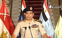 Abdel-Fattah el-Sissi speaking on state television, July 3. (photo credit: Screenshot AP/Egypt State Television)