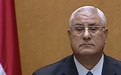 Egypt's interim president Adli Mansour speaks after being sworn in at the constitutional court in Cairo, Thursday, July 4, 2013 (photo credit: AP/Egyptian State TV)