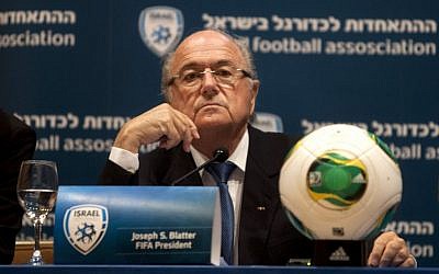 FIFA President Sepp Blatter at a press conference in Jerusalem, on Tuesday, July 9, 2013. (photo credit: Sebastian Scheiner/AP)
