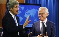 US Secretary of State John Kerry with former US ambassador to Israel Martin Indyk at the State Department in Washington, Monday, July 29, 2013. (AP/Charles Dharapak)