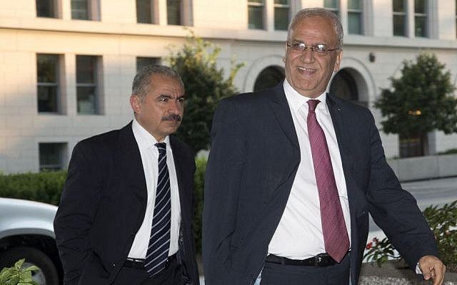 Saeb Erekat, right, Palestinian chief negotiator, and Mohammad Shtayyeh, left, arrive at the State Department in Washington, Monday, July 29, 2013. ( AP Photo/Pablo Martinez Monsivais) Saeb Erekat, right, Palestinian chief negotiator, and Mohammad Shtayyeh, left, arrive at the State Department in Washington, Monday, July 29, 2013. ( AP Photo/Pablo Martinez Monsivais)