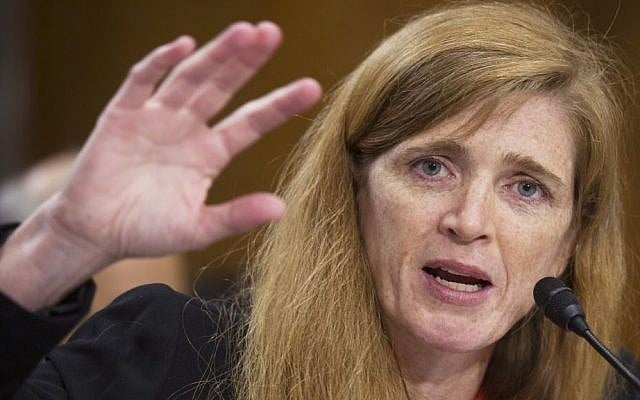 Newly confirmed US envoy to the UN Samantha Power testifies at her confirmation hearing before the Senate Foreign Relations Committee in Washington, D.C., last month. (photo credit: AP/Cliff Owen) Newly confirmed US envoy to the UN Samantha Power testifies at her confirmation hearing before the Senate Foreign Relations Committee in Washington, D.C., last month. (photo credit: AP/Cliff Owen)