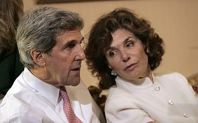 Then Sen. John Kerry, D-Mass, left, talks with his wife Teresa Heinz Kerry while watching election results at a hotel in Boston, in 2008 (photo credit: AP/Michael Dwyer)