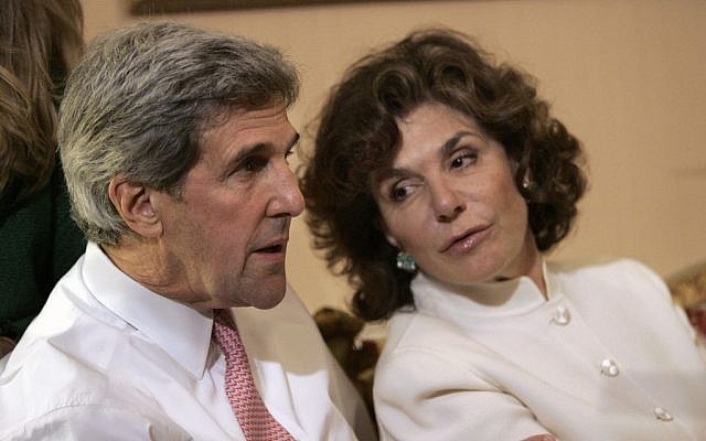 Then Sen. John Kerry, D-Mass, left, talks with his wife Teresa Heinz Kerry while watching election results at a hotel in Boston, in 2008 (photo credit: AP/Michael Dwyer) Then Sen. John Kerry, D-Mass, left, talks with his wife Teresa Heinz Kerry while watching election results at a hotel in Boston, in 2008 (photo credit: AP/Michael Dwyer)