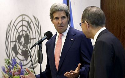 US Secretary of State John Kerry and UN Secretary-General Ban Ki-moon before a meeting at the United Nations headquarters in New York  (photo credit: AP/Seth Wenig)