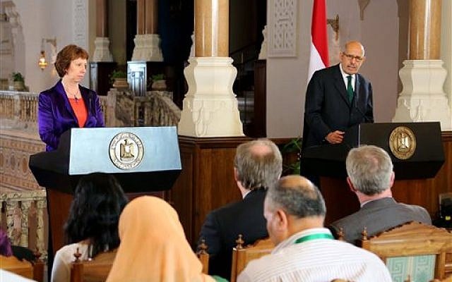 Egyptian Vice President Mohamed ElBaradei, right, making remarks at a joint news conference with EU foreign policy chief Catherine Ashton, left, at the presidential palace in Cairo, Egypt, Tuesday, July 30, 2013 (photo credit: AP Photo/Egyptian Presidency) Egyptian Vice President Mohamed ElBaradei, right, making remarks at a joint news conference with EU foreign policy chief Catherine Ashton, left, at the presidential palace in Cairo, Egypt, Tuesday, July 30, 2013 (photo credit: AP Photo/Egyptian Presidency)