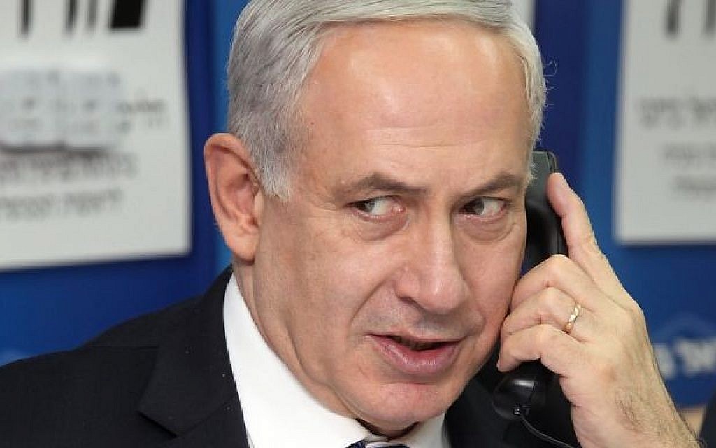 Prime Minister Benjamin Netanyahu talks on the phone. (Gideon Markowicz/Flash90)